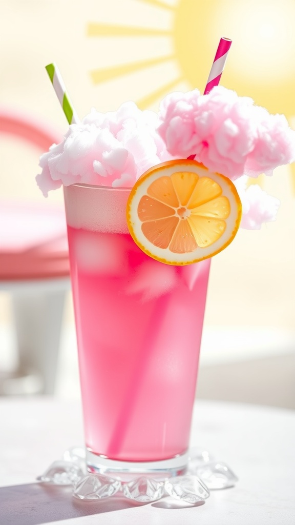 Refreshing Cotton Candy Lemonade Inspired by Starbucks A refreshing pink cotton candy lemonade in a glass with cotton candy garnish and lemon slice.